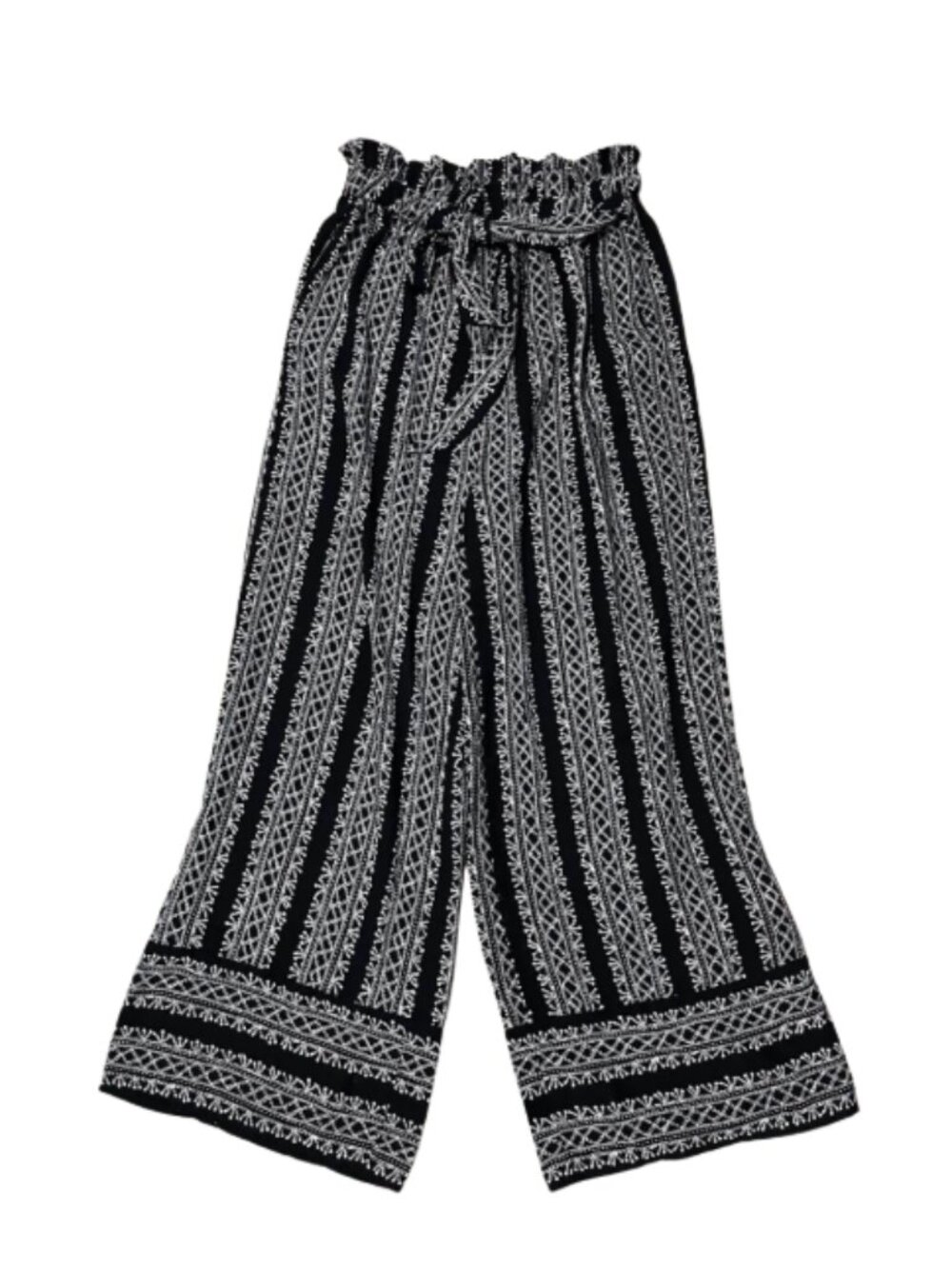 Boho Black & White Paperbag Waist Wide Leg Pants